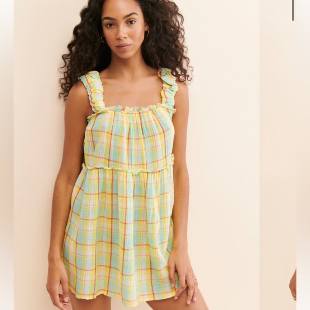 Anthropologie Gauze Cotton Plaid Ruffled Babydoll Dress